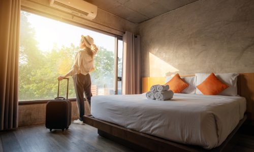 Portrait,Of,Tourist,Woman,Standing,Nearly,Window,,Looking,To,Beautiful