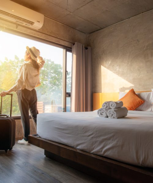 Portrait,Of,Tourist,Woman,Standing,Nearly,Window,,Looking,To,Beautiful