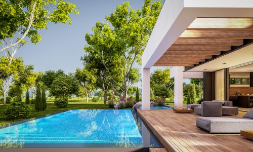 3d,Rendering,Of,Modern,Cozy,House,With,Pool,And,Parking